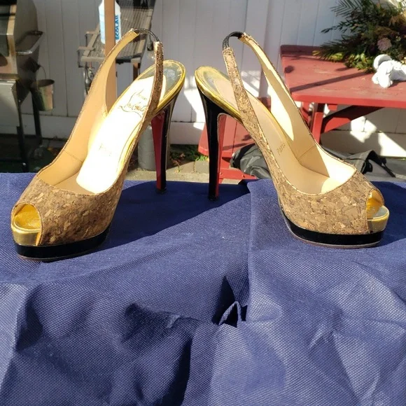 Authentic Christian Louboutin Cork Slingback sz 37 1/2 - Picture 1 of 9